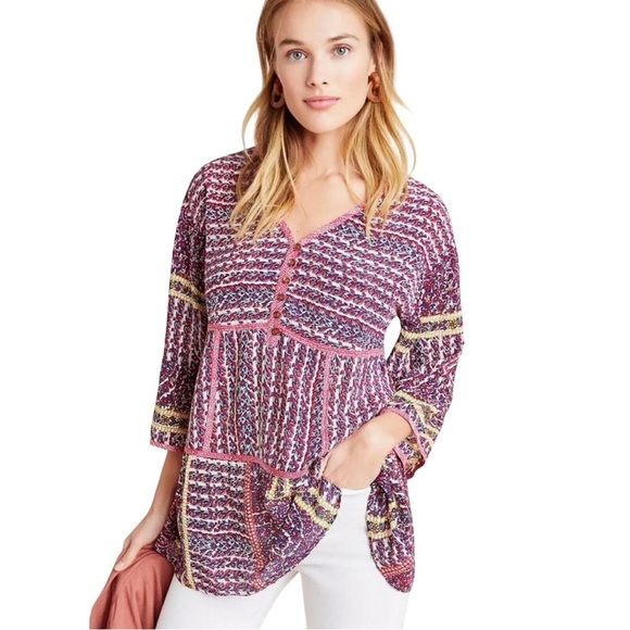 Anthropologie Tops - Maeve Anthropologie Pink and Purple Silk Tiered Blouse Tunic Size Medium